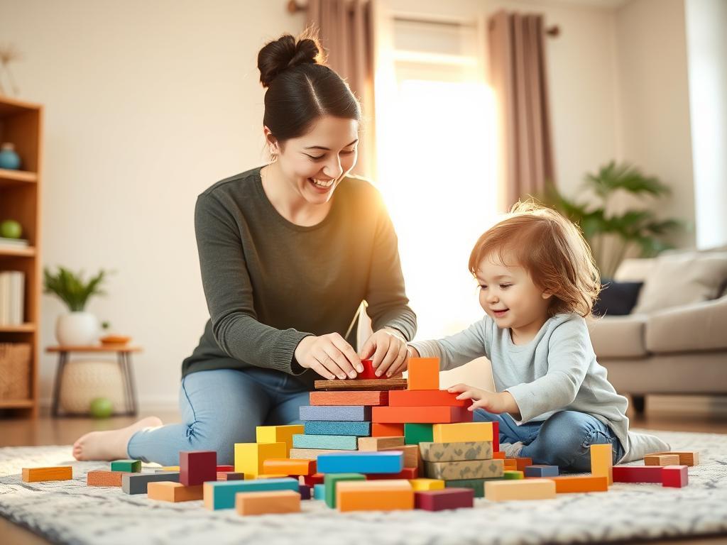 Mãe e filho brincando juntos com blocos de madeira sem telas